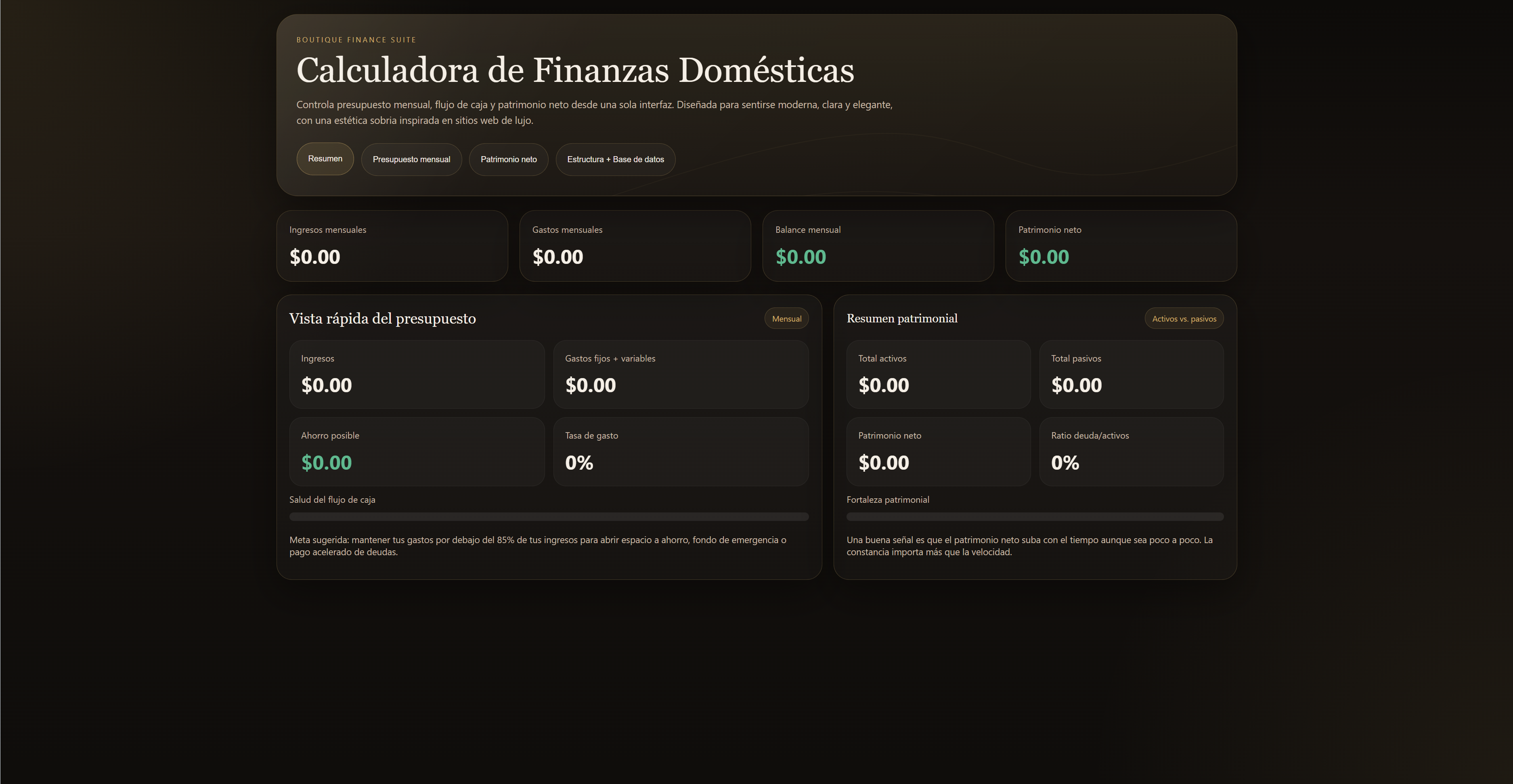 Interfaz real de la Calculadora de Finanzas Domésticas