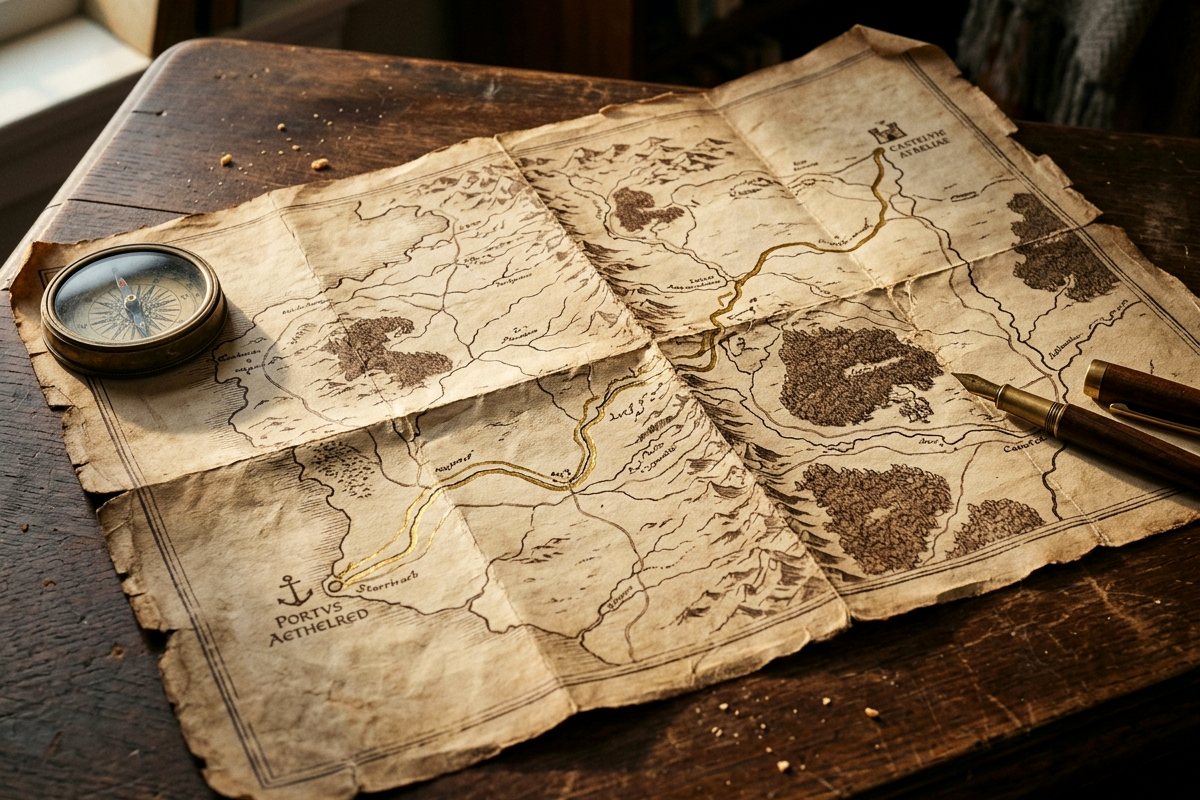 Mapa antiguo con una ruta trazada en tinta dorada, junto a una brújula