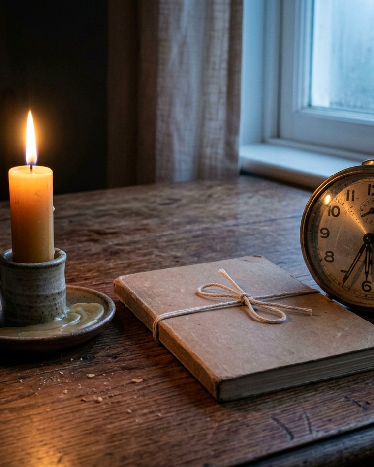 Vela encendida junto a una libreta y un reloj de mesa