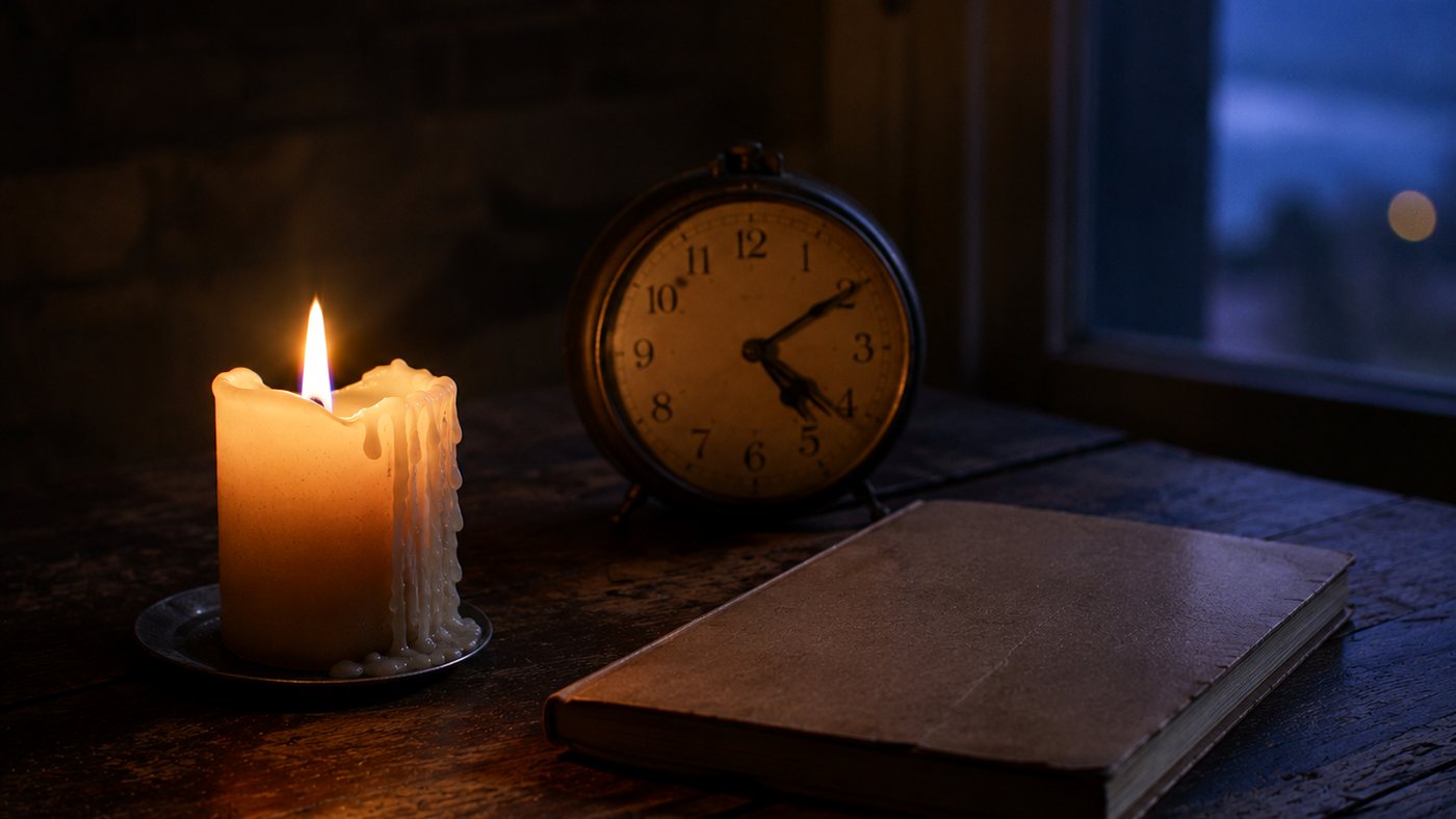 Vela encendida y reloj de mesa sobre una mesa de madera al anochecer