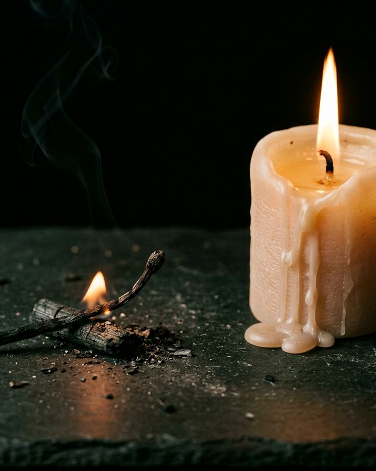 Fósforo consumido junto a una vela que sigue encendida