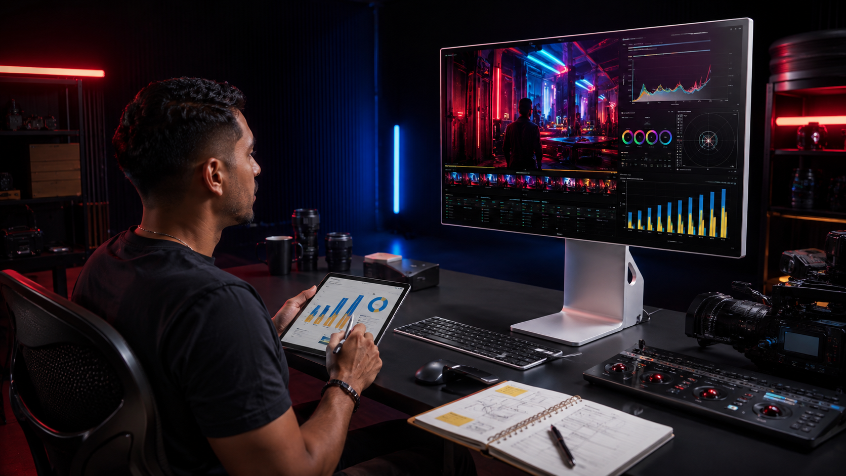 Creador revisando presupuesto frente a un monitor profesional con stand